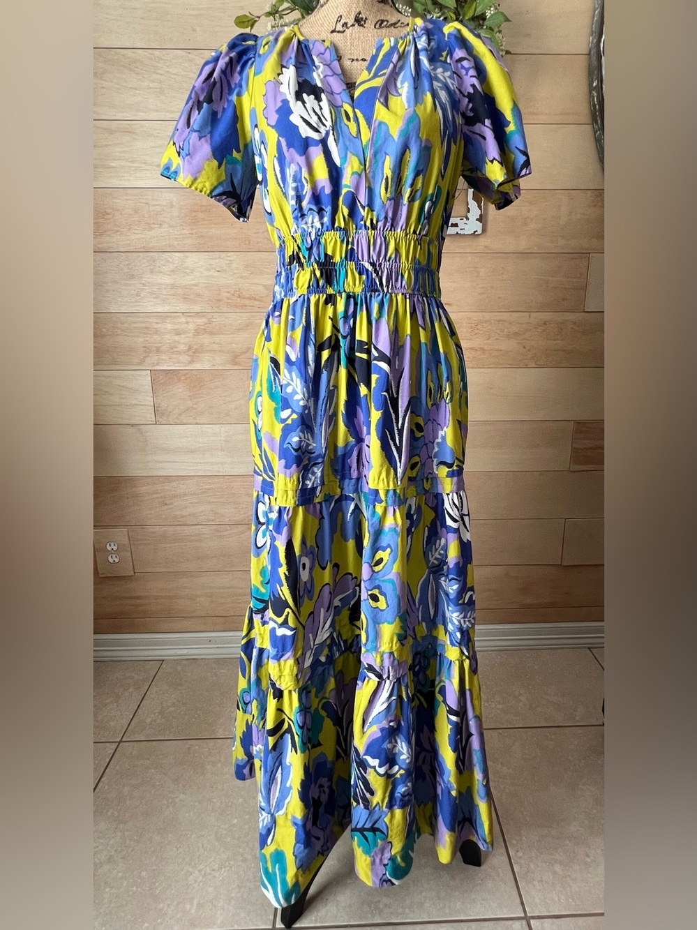Anthropologie Yellow, Blue & Purple Floral Tiered Maxi Dress Size Small